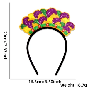 Detailed dimensions of Mardi Gras headband with purple green yellow glitter and gems
