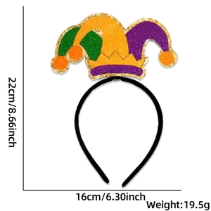 Detailed size chart for Mardi Gras headband with purple yellow green glitter hat design
