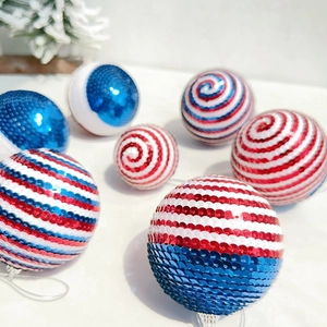 Detail of red white and blue sequined Independence Day hanging decorative balls