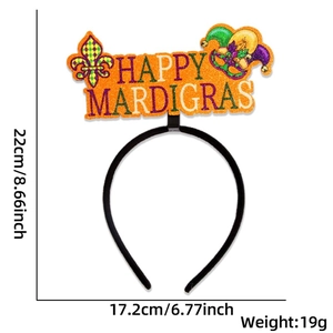 Detail view of Mardi Gras headband with dimensions 22cm by 17.2cm and weight 19g