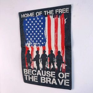 Detailed texture of linen Independence Day flag with patriotic soldier silhouettes