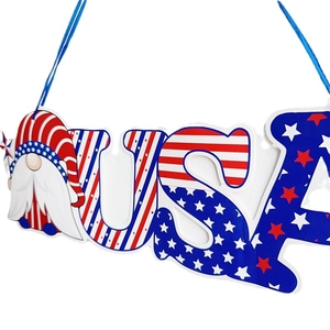 Hanging USA patriotic gnome decoration with red, white, and blue stars and stripes design