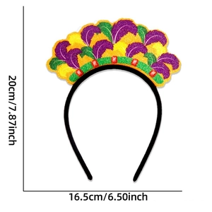 Mardi Gras purple green yellow glitter feather headband with gemstones 20cm x 16.5cm
