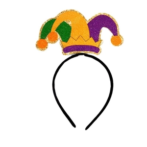 Glittery Mardi Gras headband with green, yellow and purple jester hat decorations