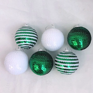 Pack of 6 Christmas sequin ornament balls in white, green, and striped festive designs