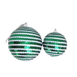 Green and white striped Christmas ball ornaments with shimmering sequins and hanging loops