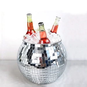 Disco ball mirror ice bucket with reflective silver mosaic tiles and glass beverage bottles