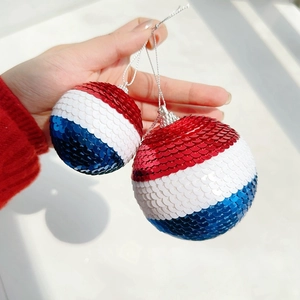 Independence Day red white and blue sequined hanging balls ornaments set of two