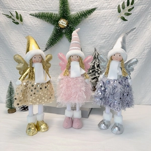 Three plush Christmas angel dolls in gold, pink, and silver with sequin skirts and wings