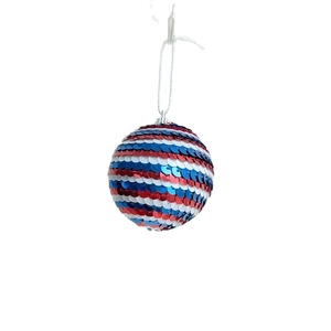 Patriotic July 4th sequin ball ornament with red white and blue stripes for decoration