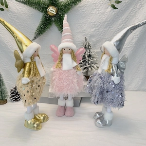 Three plush Christmas angel dolls with tall hats and long legs in gold, pink and silver colors