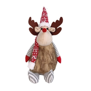 Christmas reindeer plush doll with red knitted hat and scarf for holiday window decor