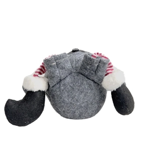 Christmas gnome plush decoration with 60cm long legs and gray felt hat on white background