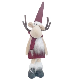 Standing Christmas reindeer plush doll in burgundy and beige with white faux fur details