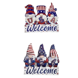 Detailed view of wooden Independence Day gnomes with USA letters and Welcome sign