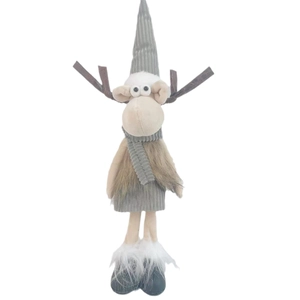 Cute long-legged Christmas reindeer plush doll with grey knitted hat and soft white faux fur