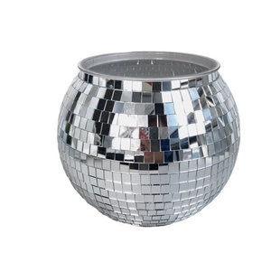 Silver reflective disco ball planter with mosaic mirror glass for home and party decor