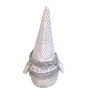 Nordic Christmas gnome plush doll in gray and white with striped hat and fur accents