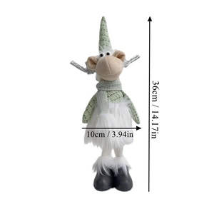 Detail view of a 36cm Christmas elk plush doll in mint green plaid hat and white fur skirt