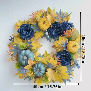 Detail of 40cm blue pumpkin wreath with silk flowers and yellow maple leaves for fall