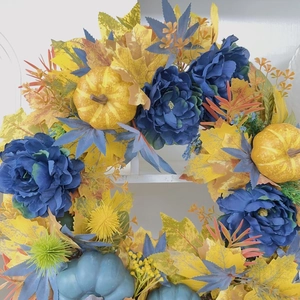 Blue Halloween pumpkin wreath with silk peonies and golden maple leaves for home door decor
