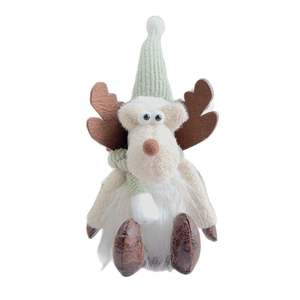Standing Christmas reindeer plush toy in mint green knit with white fluffy fur details