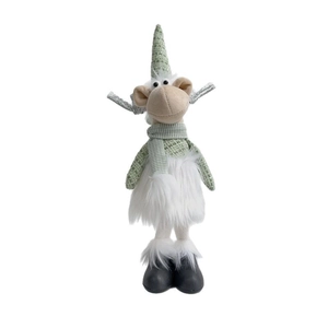Standing Christmas elk plush doll in mint green plaid hat and scarf for home decor