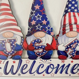 Patriotic USA gnome welcome wooden door sign featuring red white and blue star stripes