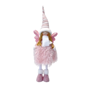 Plush 56cm angel doll with pink sequin wings and tall knit hat for window display decor