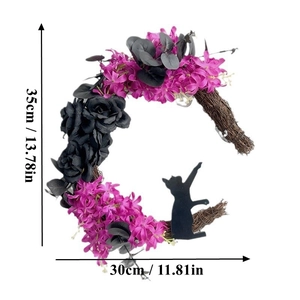 Halloween crescent moon cat wreath with black roses and 35x30cm dimension details