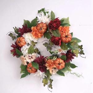 Halloween Artificial Pumpkin Wreath Autumn Harvest Festival Front Door Decoration Warm Color Maple Leaf Floral Wreath