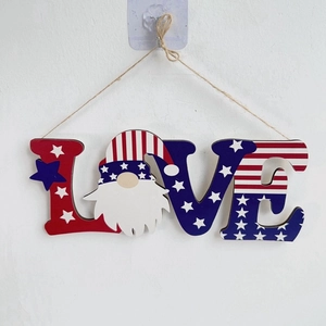 Patriotic LOVE wooden sign with Uncle Sam gnome and US flag stars and stripes pattern