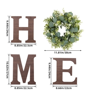 Detailed dimensions of HOME wood sign set with eucalyptus wreath for wall decor