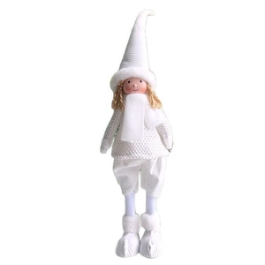 White Christmas plush angel doll with long legs and high hat for holiday table decor