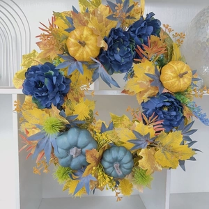 Blue Pumpkin Artificial Wreath For Halloween Harvest Festival Home Door Wall Decoration Silk Peony Maple Leaf Autumn Floral Hanging Ornament