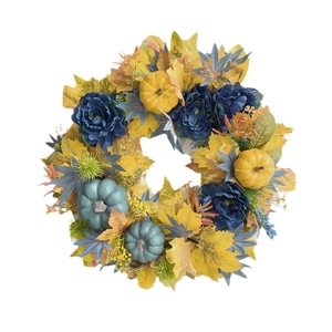 Autumn wreath with blue pumpkins, yellow maple leaves, and peonies on white background