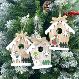 Vintage Christmas Wooden House Hanging Ornaments Santa Snowman Reindeer Wood Pendant For Xmas Tree Decoration Home Decor