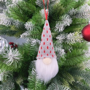 Christmas faceless gnome hanging decoration with grey knitted hat and white faux fur beard