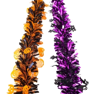Halloween tinsel garland with orange pumpkin and purple ghost sequins for party decor
