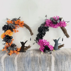 Halloween crescent moon cat wreath with black roses and crystals for wall decor