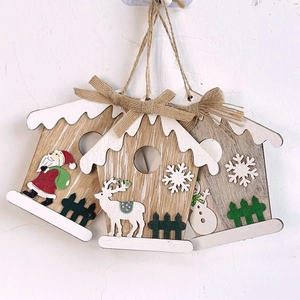Three-piece set of wooden Christmas house hanging ornaments with Santa and reindeer motifs