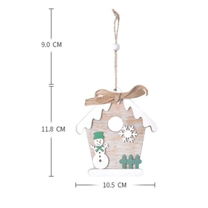 Detail showing dimensions of wooden Christmas house ornament with snowman and white roof