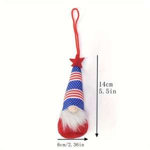 Detail showing 5.5 inch Independence Day gnome dimensions with stripes and stars
