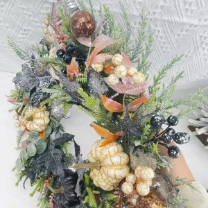 Halloween glitter pumpkin wreath with maple leaves and black berries for door decor