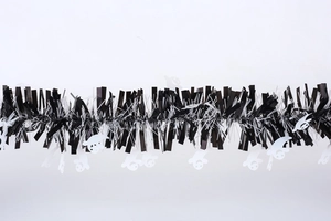Detail view of Halloween ghost garland tinsel with metallic black and silver fringe