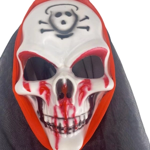 Scary Halloween skull mask with red blood splatter and black mesh hood for costume parties