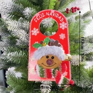 Christmas reindeer door knob hanger made of red felt with festive scarf and bell