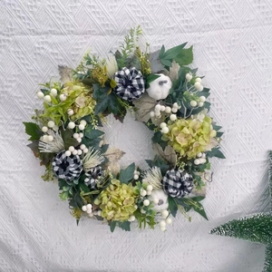 Artificial Harvest Festival Wreath With White Pumpkins Black White Plaid Decor Green Leaves Hydrangea Autumn Home Decoration