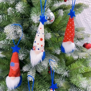 Patriotic Independence Day gnome plush ornaments with red white and blue star patterns