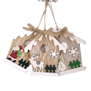 Three-piece wooden house Christmas ornaments with Santa, reindeer, and snowman motifs